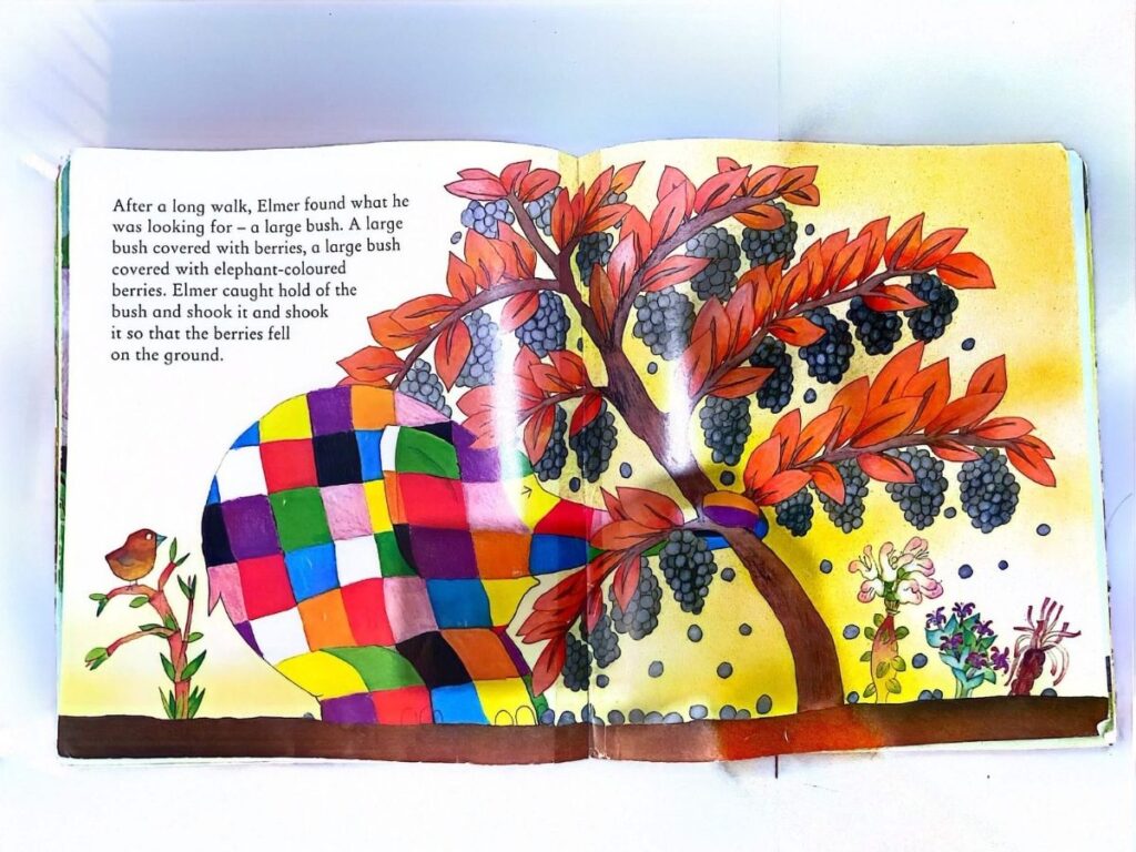Page showing Elmer shaking a tree: activities while reading teach vocabulary
