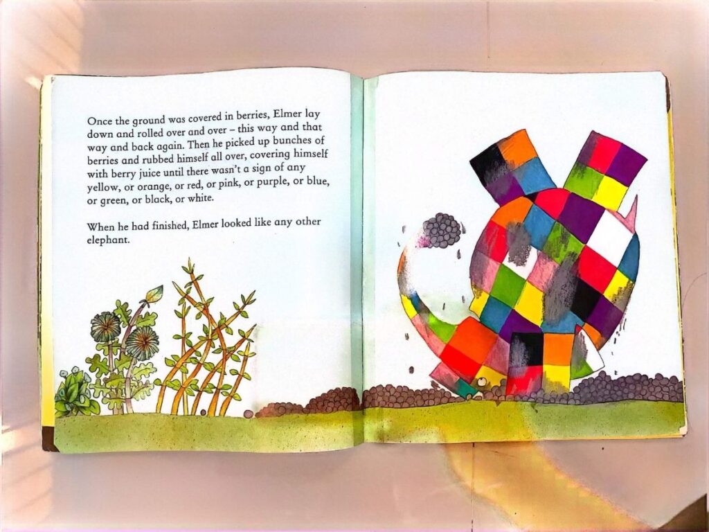 Page from "Elmer": asking questions while reading