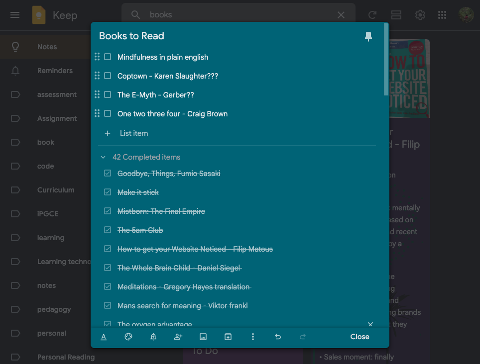 A reading list using Google Keep to help replace screens with books